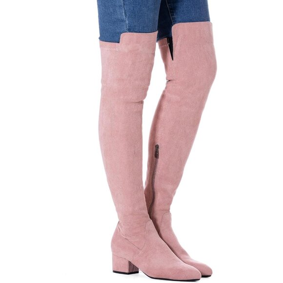 Women Pink\2inch Suede Over the Knee Thigh High Chunky Block Heel Winter Boots - Picture 5 of 6